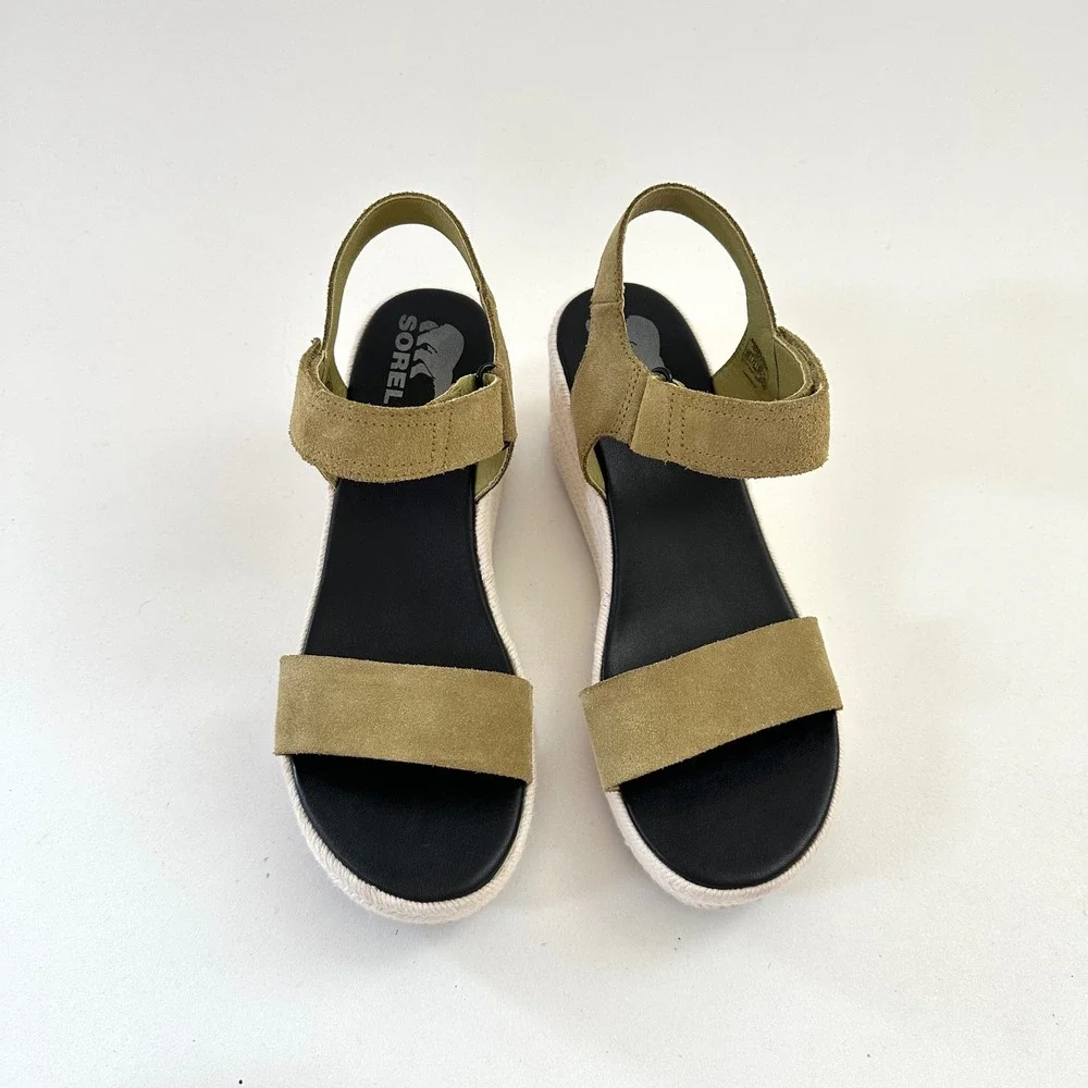 Sorel Cameron Wedge Sandals Womens Size 9.5 Olive Green Espadrille Shoes Suede